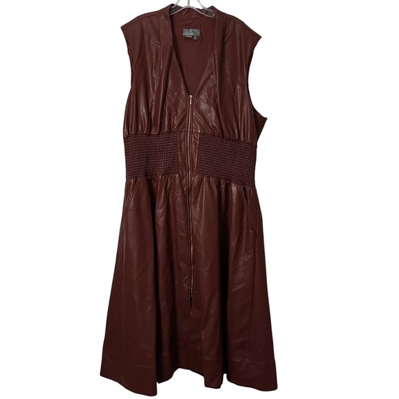 Anthropologie The Tommie Cap Sleeve Dress 3X Faux Leather Smocked Waist Front Zi - Picture 1 of 14